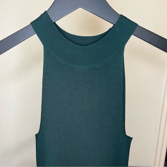 H&M Dark Green Fitted Dress High Neck Midi Party Cocktail Ribbed - Picture 3 of 8